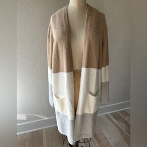 Lagenlook Womens Neutral Color Long Sleeve Colorblock Stripe Open Cardigan Small